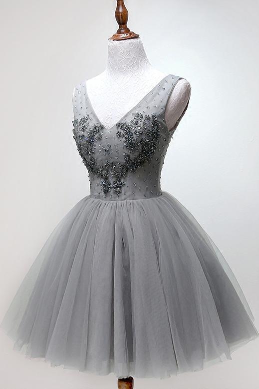 V-neck Beading Silver Short Prom Homecoming Dress Tulle Dance Dress