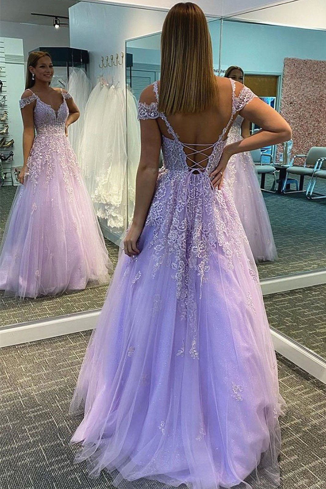 Off Shoulder Lavender Tulle Prom Dress High Low Tulle Dress Lilac High Neck Dress Glitter Formal Off Shoulder Lavender Tulle Prom Dress High Low Tulle Dress Lilac High Neck Dress Glitter Formal