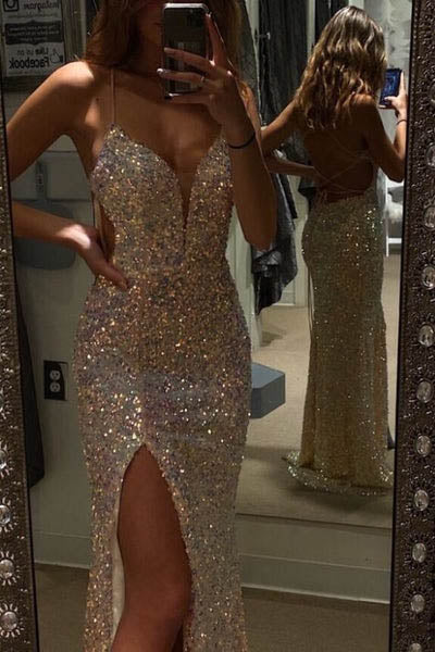 Sequin High Slit V-neck Prom Dress, Backless Sparkly Evening Dresses