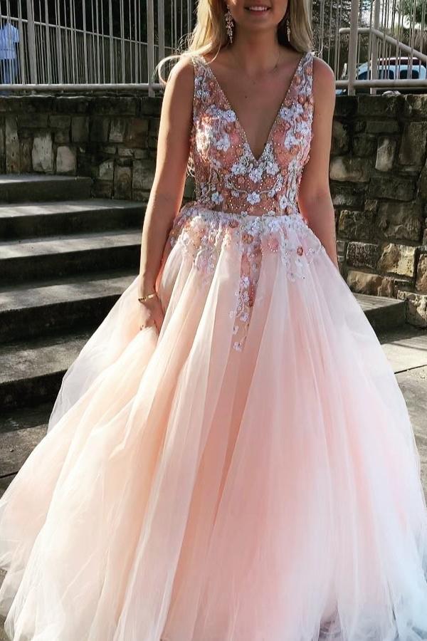 Sexy Backless Prom Dress Pearl Pink Tulle V-neck Appliques Graduation Gown DTP491 DressTok.co.uk Sexy Backless Prom Dress Pearl Pink Tulle V-neck Appliques Graduation Gown DTP491 DressTok.co.uk