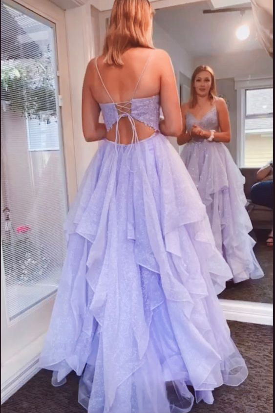 Purple Tulle Beaded Long Prom Dress, V Neck Spaghetti Strap Evening Dress US 2 / Purple