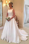 Simple A-Line Bateau Satin Backless Wedding Dress With Train