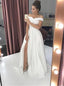 Simple Off-The-Shoulder White A-Line Wedding Dress With Slit