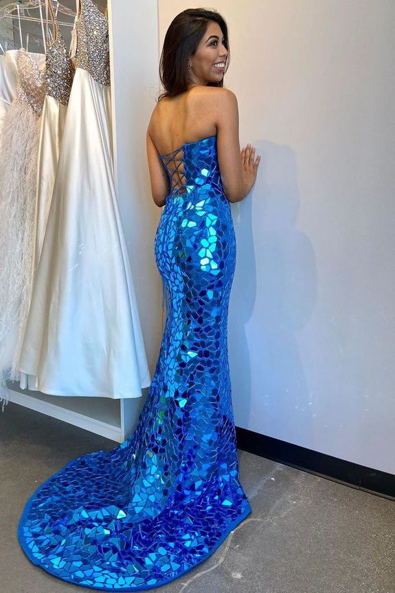 Charming Strapless Royal Blue Mermaid Prom Dress, Long Split Evening Dress