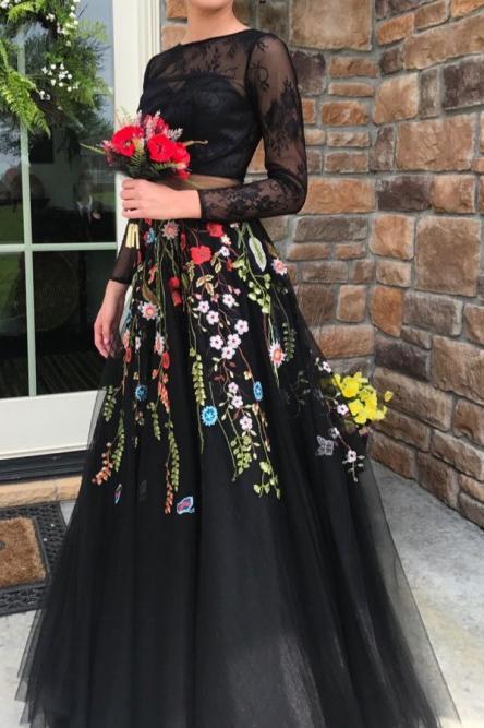 black lace prom dress uk Two Piece Black Long Sleeves Lace Appliqued Prom Dress Tulle Party Gown DTP608 – DressTok.co.uk
