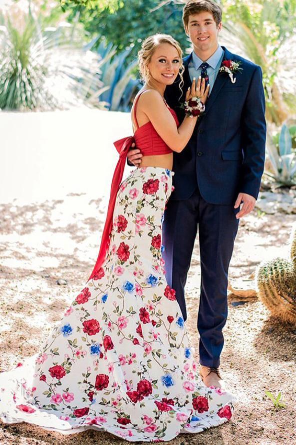 Satin floral prom dress on sale