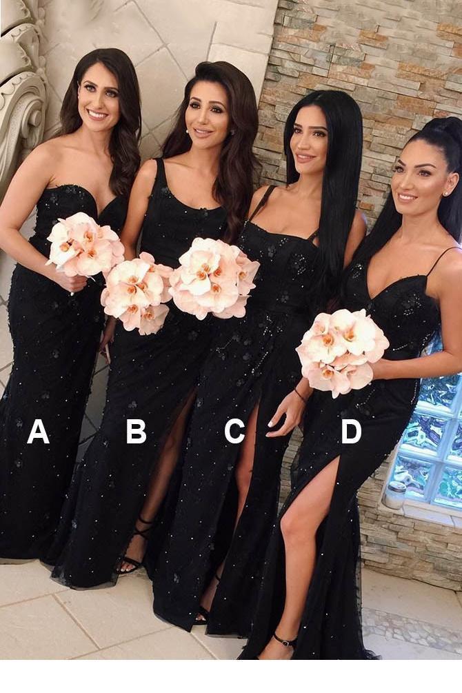 Mermaid Lace Appliques Beaded Black Bridesmaid Dresses with Split DTB78 DressTok.co.uk Mermaid Lace Appliques Beaded Black Bridesmaid Dresses with Split DTB78 DressTok.co.uk
