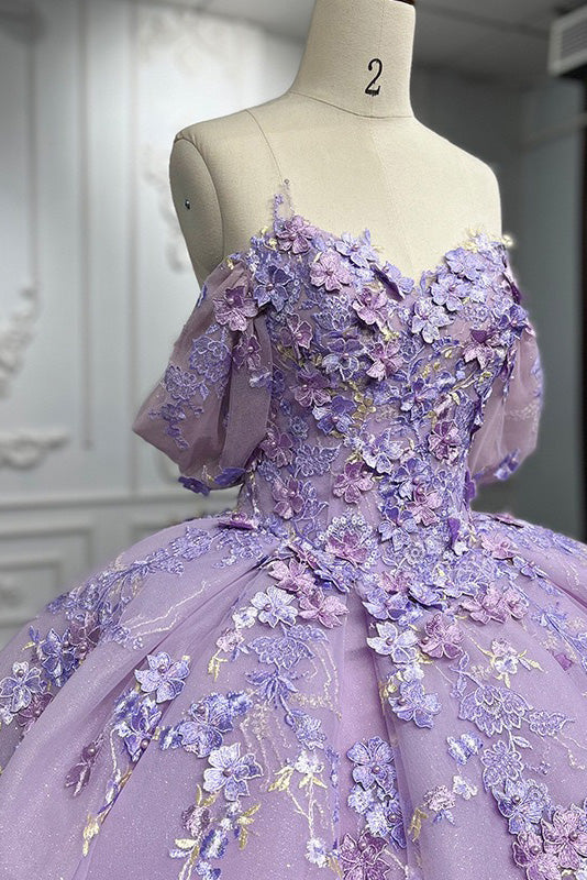 Lavender 3D Flowers Lace Short Sleeves Prom Dress Quinceanera Evening –  DressTok.co.uk