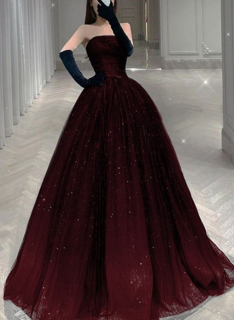Strapless Burgundy A Line Princess Tulle Long Prom Dresses With Sequin