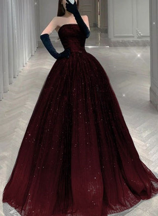 Strapless Burgundy A Line Princess Tulle Long Prom Dresses With Sequin