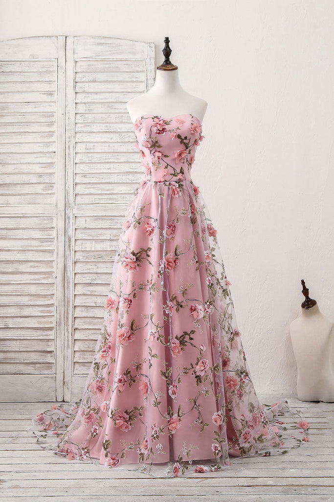 A-Line/Princess Pink Sweetheart Long Prom/Evening Dress With 3D Applique