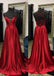 Spaghetti Straps Red A-line Evening Dress With Split, V Neck Formal Dress