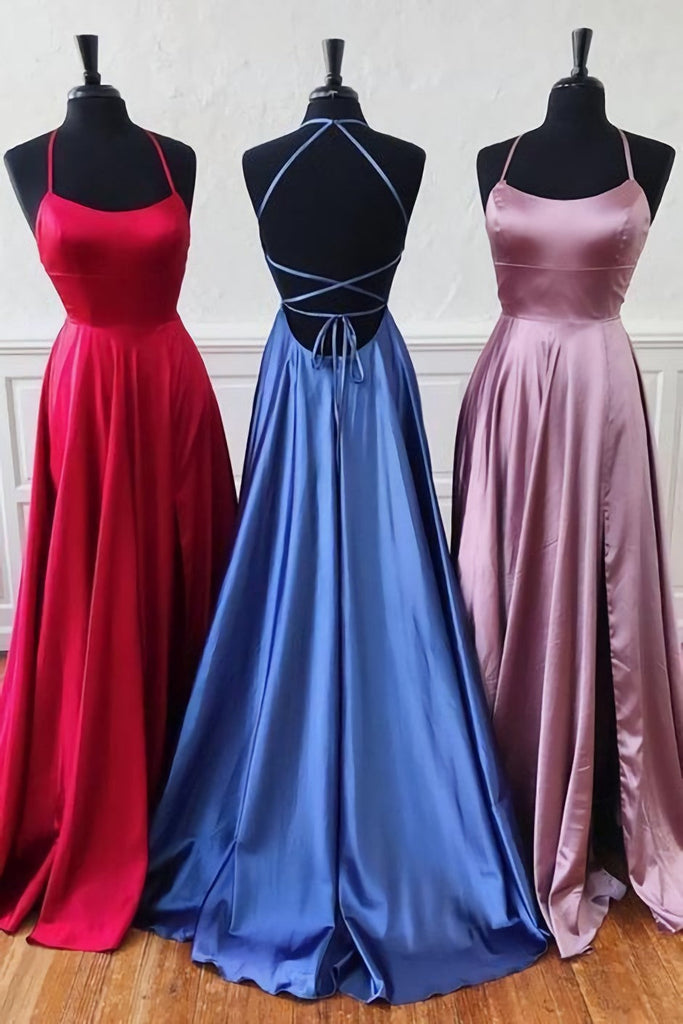 A Line Spaghetti Straps Backless Long Evening Dress With Split