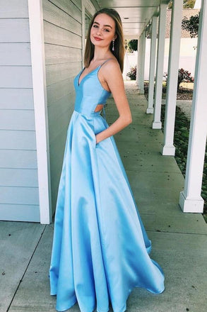 Spaghetti Straps Light Blue V Neck Long Formal Evening Dress With Pockets