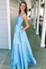 Spaghetti Straps Light Blue V Neck Long Formal Evening Dress With Pockets