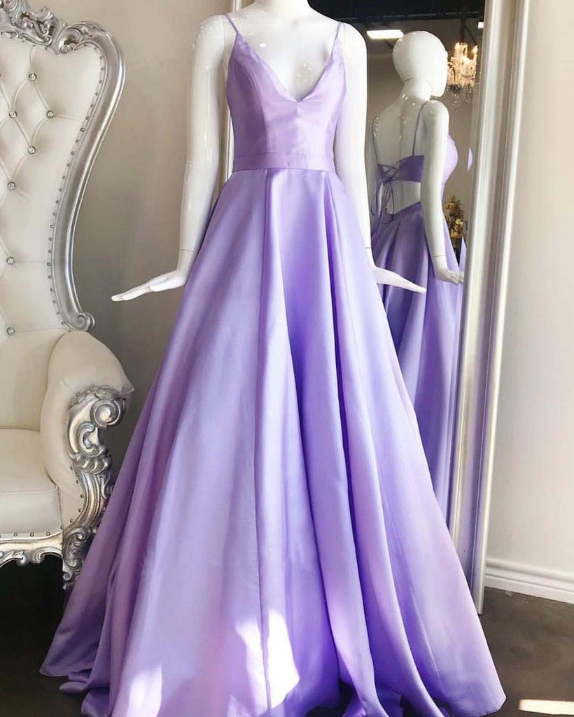 Spaghetti Straps Light Blue V Neck Long Formal Evening Dress With Pockets