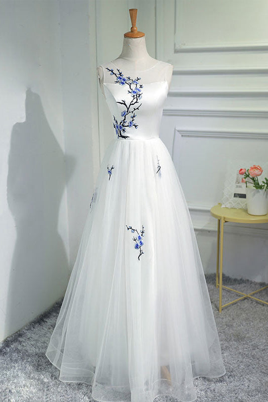 A-Line Tulle Applique Sheer Neck Prom Dress, White Tulle Formal Dress