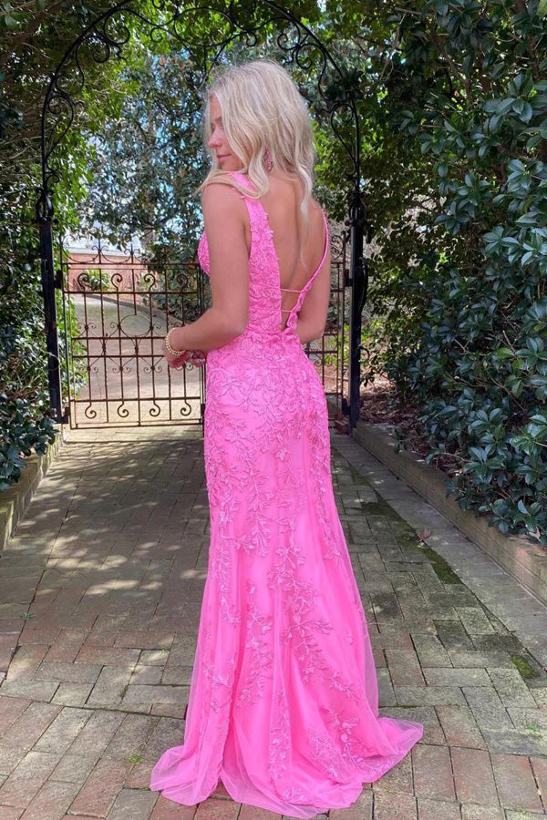 Hot Pink Mermaid Deep V-Neck Long Prom Evening Dress With Appliques