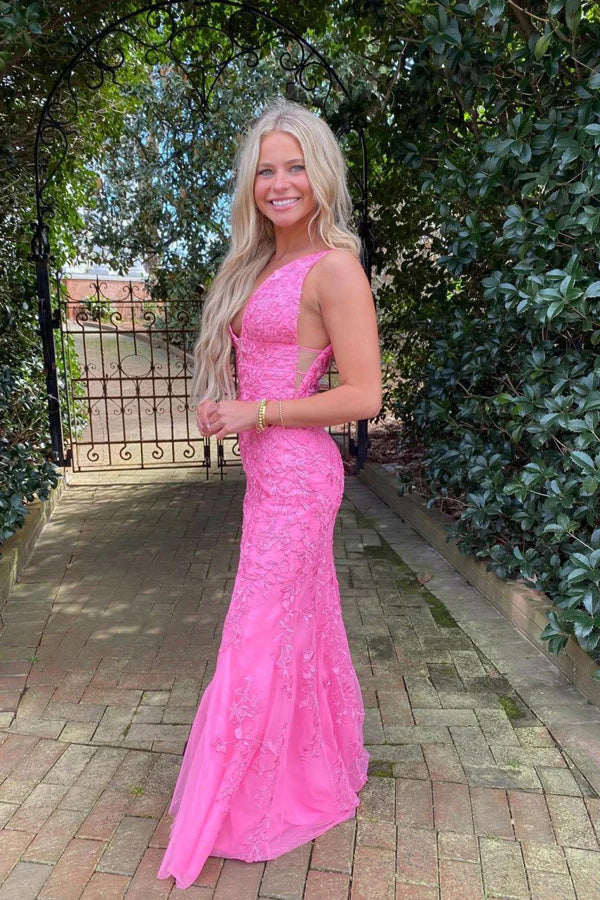 Hot Pink Mermaid Deep V-Neck Long Prom Evening Dress With Appliques