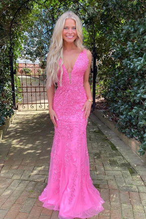 Hot Pink Mermaid Deep V-Neck Long Prom Evening Dress With Appliques