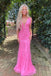 Hot Pink Mermaid Deep V-Neck Long Prom Evening Dress With Appliques