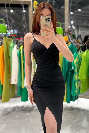 Spaghetti Straps White Satin Prom Dress Slit Formal Dress With Pleats