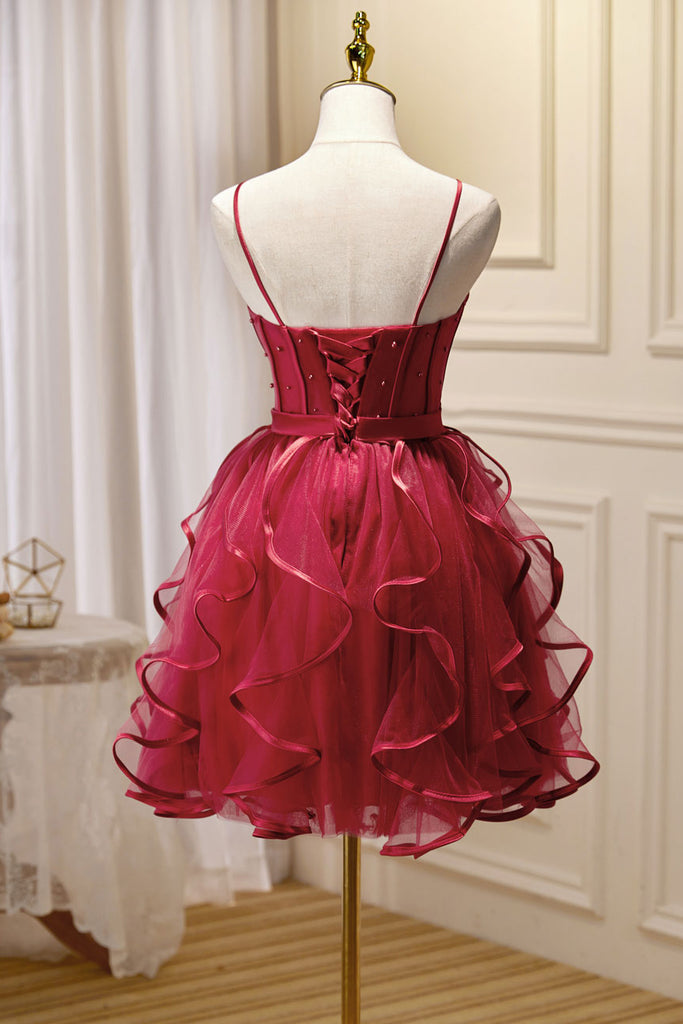 A-Line/Princess Burgundy Sleeveless Mini/Short Puffy Cute Homecoming Dress