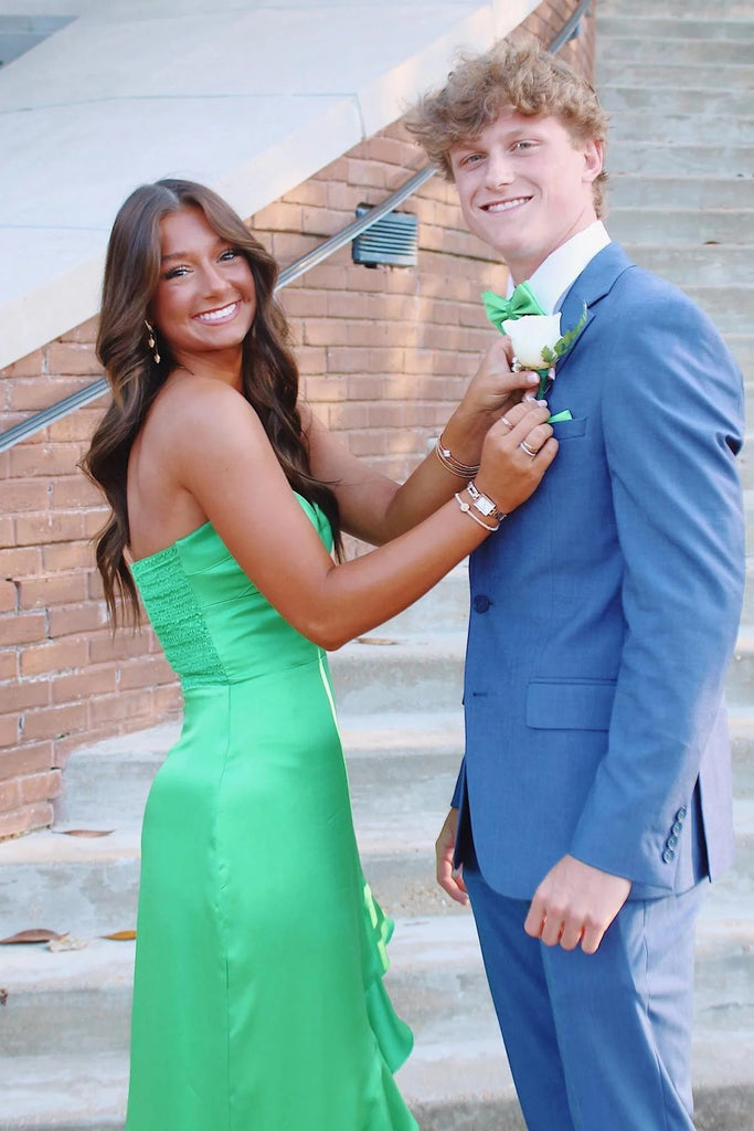 Sweetheart Emerald Green Satin Maxi Dress with Ruffles, A Line Evening Gown