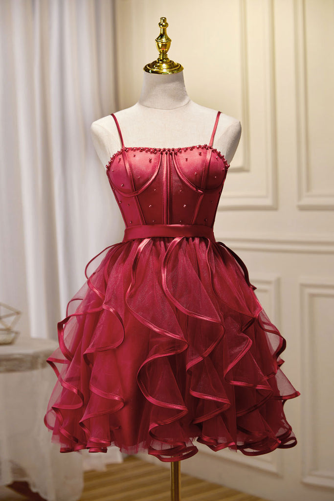 A-Line/Princess Burgundy Sleeveless Mini/Short Puffy Cute Homecoming Dress