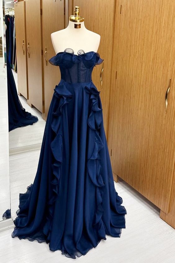 Strapless Navy Blue A Line Long Prom Dress With Ruffles, Sweetheart Formal Dress