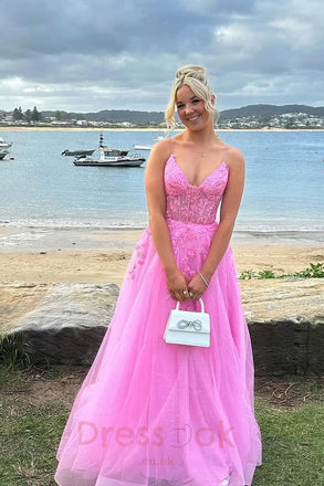 Spaghetti Straps A Line Long Prom Dress Lace V Neck Party Dress with Appliques