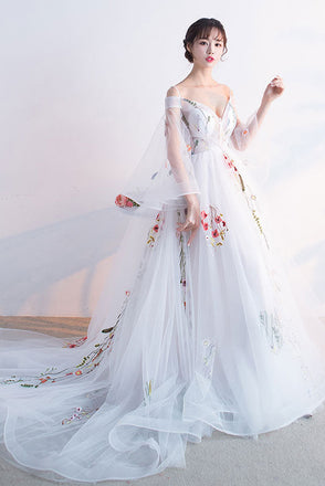 A-Line White Tulle Puffy Sleeves Prom Dress V Neck Evening Dress With Embroidery