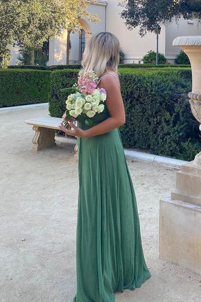 Spaghetti Straps Green A Line Chiffon Long Bridesmaid Dresses with Slit