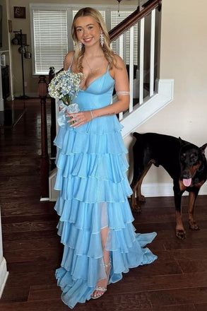 Spaghetti Straps Light Blue Prom Dress A-Line Layers Chiffon Evening Dress