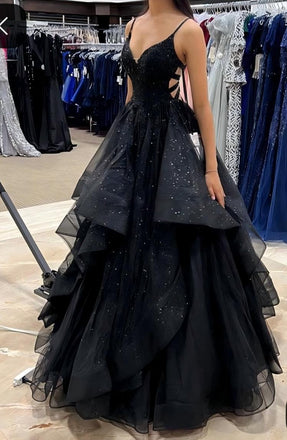 V-Neck Spaghetti Straps Ball Gown with Strappy Open Back & Cascading Ruffles