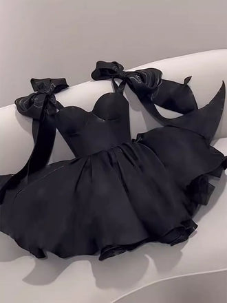 Sweetheart Black A Line Dress White Short Homecoming Dress with Bowknot