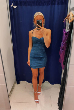 Spaghetti Straps Blue Short Homecoming Dresses With Sequins