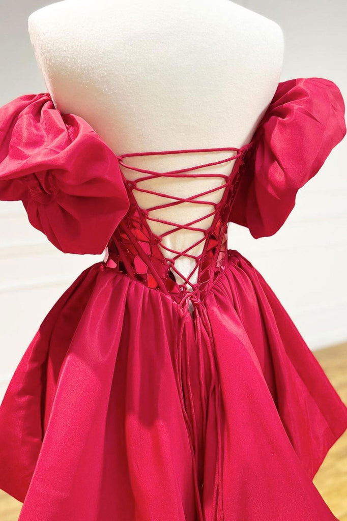 A-Line/Princess Burgundy Short/Mini V Neck Backless Satin Homecoming Dresse