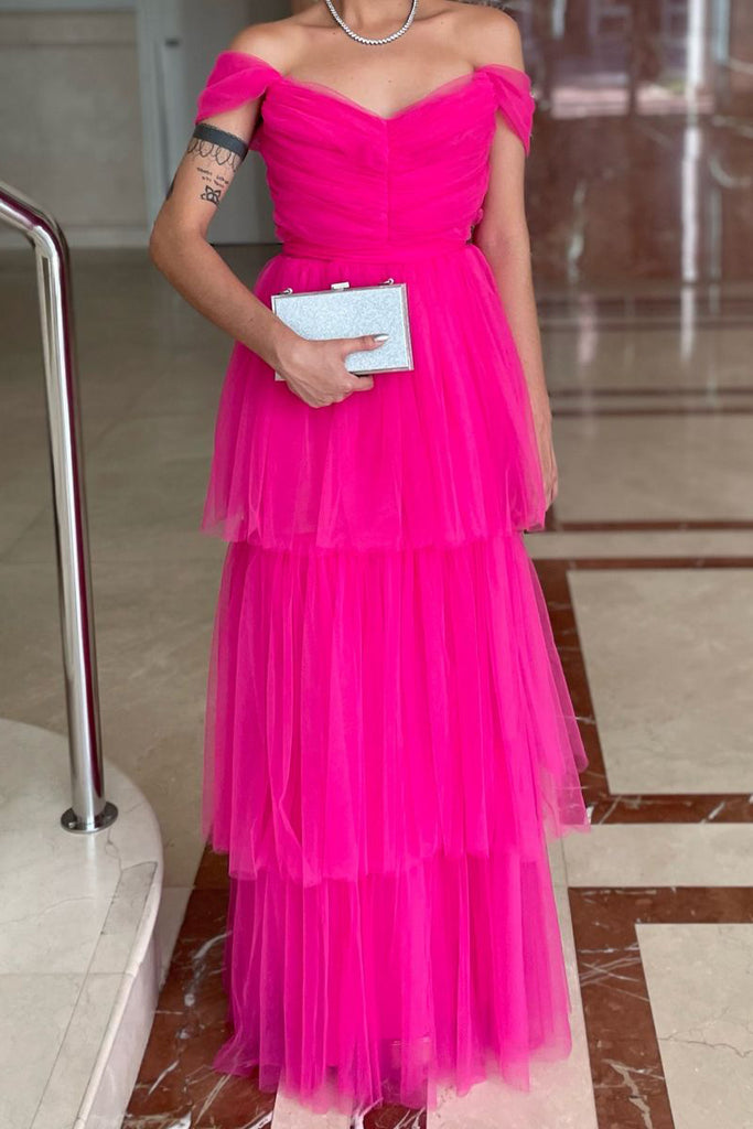 Off the Shoulder Pink A Line Short Sleeves Long Prom Dress With Ruffles