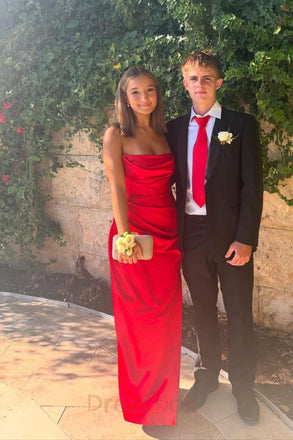Strapless Red Prom Dress Satin Mermaid A Line Party Dress with Ruched