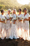 A-Line V-Neck Ivory Boho Lace Bridesmaid Dresses With Cap Sleeves