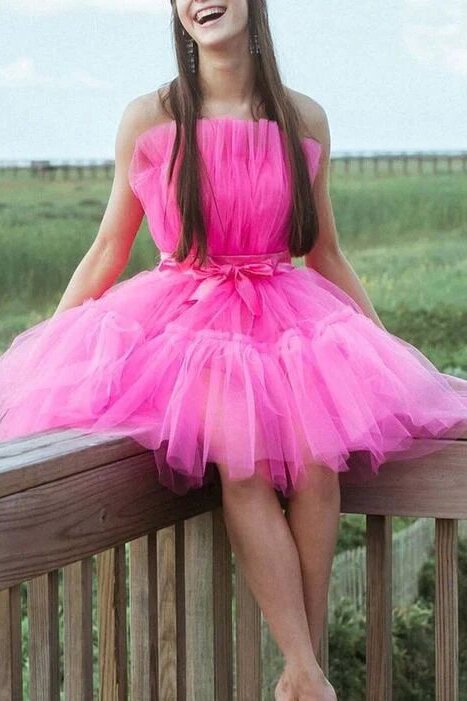 A-line Hot Pink Tulle Homecoming Dresses, Strapless Short Prom Dress With Ruched