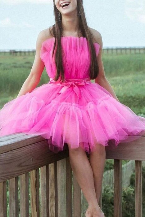 A-line Hot Pink Tulle Homecoming Dresses, Strapless Short Prom Dress W DressTok.co.uk A-line Hot Pink Tulle Homecoming Dresses, Strapless Short Prom Dress W DressTok.co.uk
