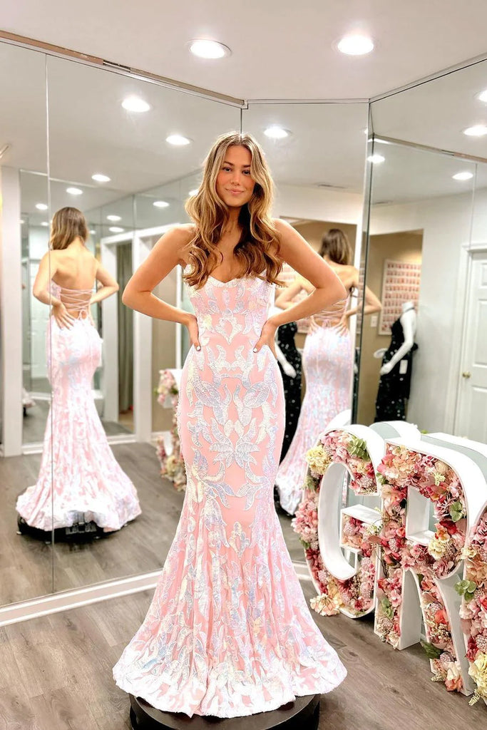 Sexy Blush Pink Mermaid Satin Long Prom Evening Dress With Sequins