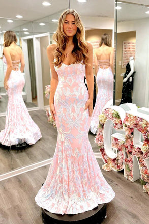 Sexy Blush Pink Mermaid Satin Long Prom Evening Dress With Sequins