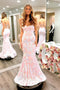 Sexy Blush Pink Mermaid Satin Long Prom Evening Dress With Sequins