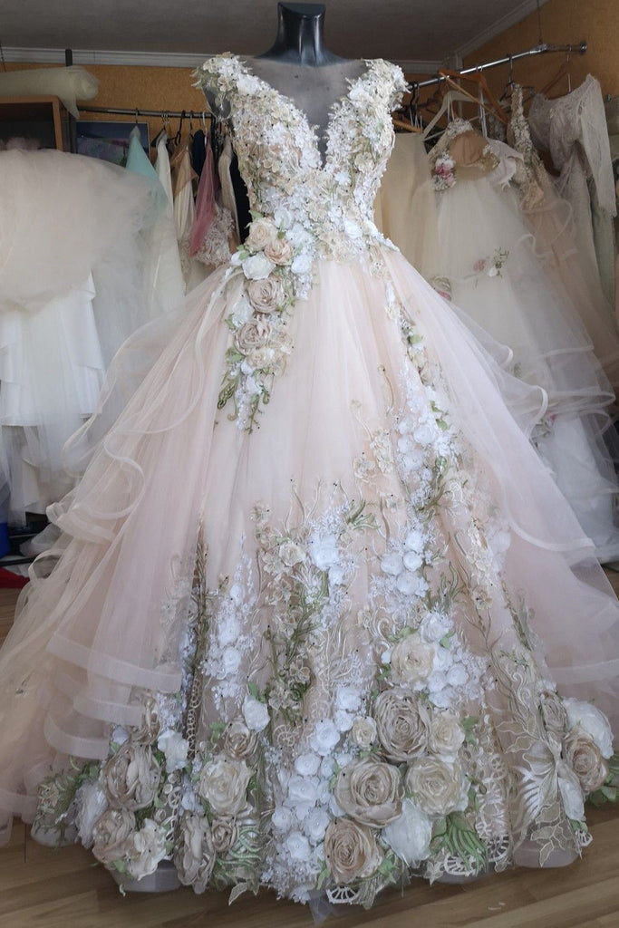 Gergous Prom Dress V Neck Tulle Wedding Dress With 3D Floral Appliques