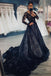Lace Prom Dress Black Court Train Appliques Wedding Dress With Long Sleeves