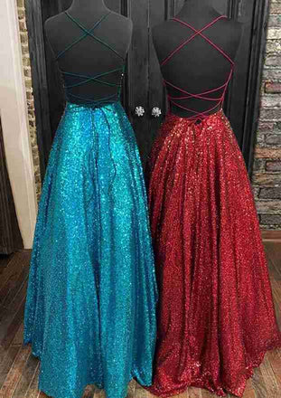 Princess Blue A Line Long Prom Dresses, Burgundy Sequins Party Dresses