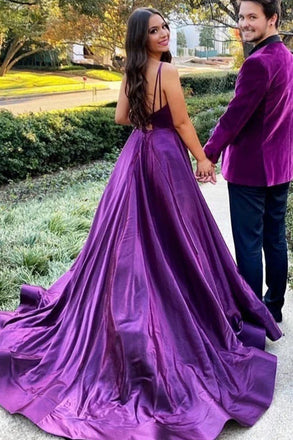 V Neck Purple A Line Satin Backless Long Prom Party Dresses With Slit